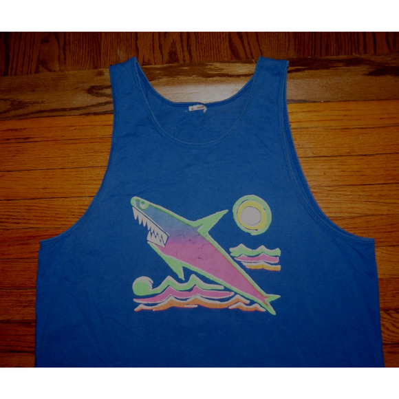 Vintage 90s Neon Shark Ocean Sun XL Blue Tank Top TShirt USA Made Single Stitch - Picture 1 of 10